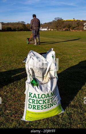 Vorbereitung für eine neue Cricket-Saison, Kaloam, Lehm, Leinöl, Ölen einer Cricket-Schläger, Dorf Cricket, Stockfoto