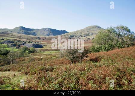 Dow Crag und der alte Mann von Coniston aus gesehen In der Nähe des Torver Beck Coniston Lake District Cumbria England Stockfoto