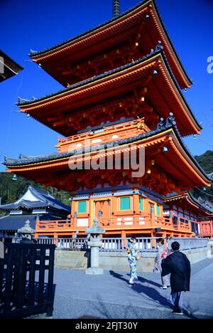 Der Kiyumizudera-Tempel steht am Wasser des Otowa-Wasserfalls, umgeben von Kirsch- und Ahornbäumen im Frühjahr. Sein Name bedeutet „Tempel des reinen Wassers“. Stockfoto