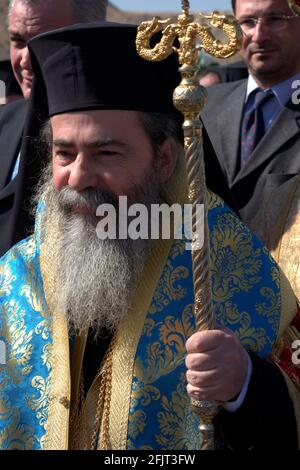 Israel, Jordan, in der Nähe von Jerusalem, Qasr al Yahud. Der Griechische Patriarch. Januar 2008. Epiphany, der Tag der Taufe Jesu, an dem „die Himmel sich öffnen Stockfoto