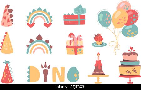 Festliches Set für eine Geburtstagsfeier. Vector Sammlung von Hüten, Geschenken, Regenbögen, Kuchen, Cupcakes und Ballons. Dekorative Dinosaurier-Elemente Stock Vektor