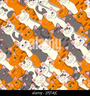 Animalisches schräg geneigtes Muster mit weißen, ginger, grauen, abgestreiften, gestromten und gepunkteten Katzen Stock Vektor