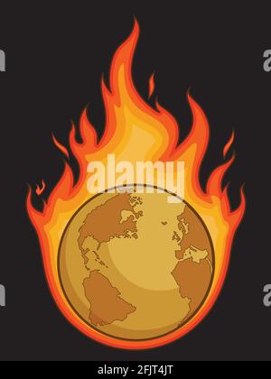 Brennende Globale Erwärmung Erdzerstörung Karikatur Atmosphärenzeichnung Stock Vektor