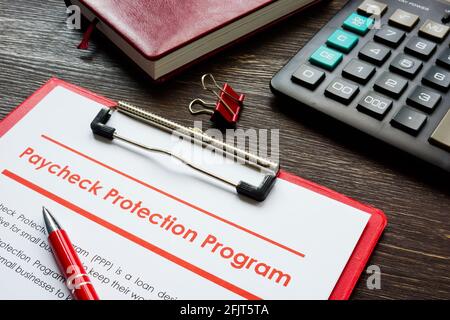 Paycheck Protection Program PPP-Darlehen Antragsformular und Stift. Stockfoto