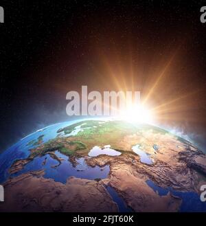 Oberfläche des Planeten Erde aus dem Weltraum. Sonnenaufgang, Explosion, Aufprall am Horizont. 3D-Illustration - Elemente dieses Bildes, die von der NASA eingerichtet wurden Stockfoto