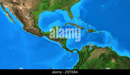 Physische Karte von Mittelamerika und der Karibik. Detaillierte flache Ansicht des Planeten Erde und seiner Landformen. Von der NASA eingerichtete Elemente Stockfoto