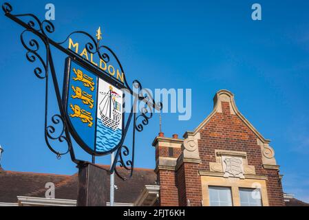 Maldon Essex UK, Ansicht eines Schildes mit dem Wappen der Stadt Maldon in Essex, England, Großbritannien Stockfoto