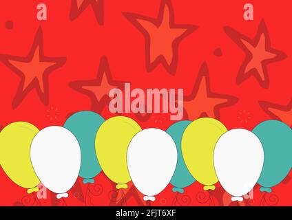 Digital generiertes Bild von mehreren bunten Luftballons gegen Sterne Auf rotem Hintergrund Stockfoto