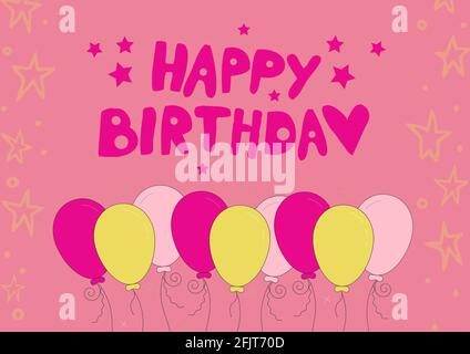 Happy Birthday Text über bunten Luftballons gegen Sterne auf Pink Hintergrund Stockfoto