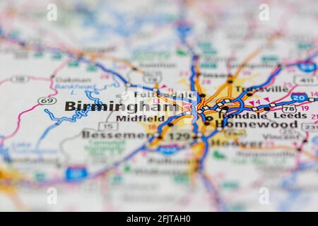 Birmingham, Alabama, USA und Umgebung auf einer Straßenkarte oder Geografie-Karte angezeigt Stockfoto