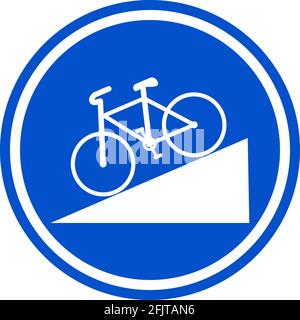 Steil bergab fahren, Verkehrsschild für Fahrräder. Kreis blauer Hintergrund. Straßenverkehrssicherheit und Schilder. Stock Vektor