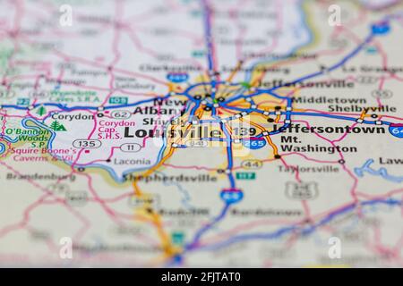 Louisville Kentucky USA und Umgebung auf einer Straße dargestellt Karte oder Geografie-Karte Stockfoto