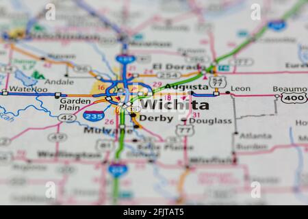 Wichita Kansas USA und Umgebung auf einer Straße dargestellt Karte oder Geografie-Karte Stockfoto