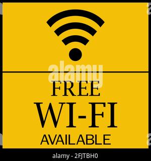 Kostenloses WiFi verfügbar Schild. Schwarz auf gelbem Hintergrund. Symbol für Wireless-Netzwerk. Stock Vektor