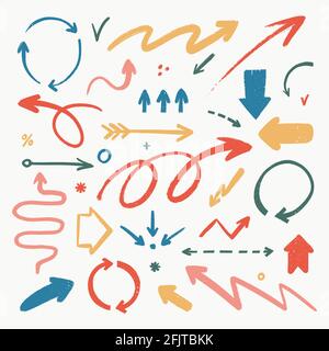 Symbole für abstrakte Pfeile gesetzt. Verschiedene Doodle-Pfeile in verschiedenen Formen mit Grunge-Textur. Handgezeichnete abstrakte Infografik Vector Kollektion. Stock Vektor