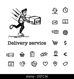 Kurierservice-Konzept. Webbanner mit Delivery Guy, der eine Box und handgezeichnete Symbole für den Lieferservice auf weißem Hintergrund überreicht. Doodle-Tinte Stock Vektor