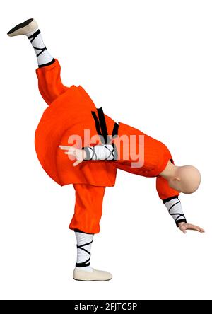 3D-Rendering eines Shaolin Mönch isoliert Trainieren auf weißem Hintergrund Stockfoto