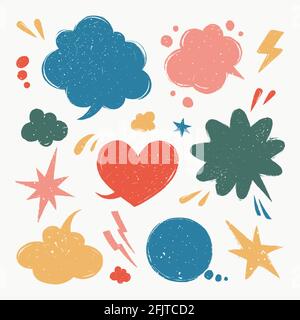 Sprechblasen eingestellt. Verschiedene Talk Ballon Formen im Vintage-Stil mit Grunge-Textur. Handgezeichnete Infografik-Vektorsammlung. Stock Vektor