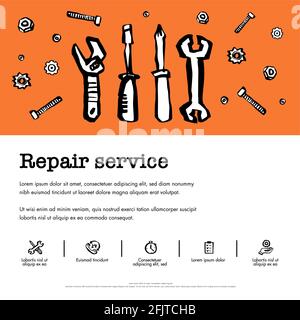 Car Service-Konzept. Set mit Autoteilen und Werkzeugen, Autoservice, Reifenservice, Autoreparatur etc. Doodle Tinte Stil Vektor Illustration. Stock Vektor