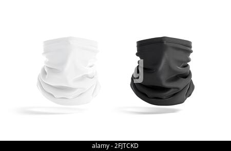 Blank schwarz-weiß Nackenschal-Modell, Vorderansicht, 3d-Rendering. Leerer Kopfbügel für Sicherheitsausrüstung, isoliert. Klar schützen Hals Krieg Stockfoto