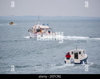 North Berwick, East Lothian, Schottland, Großbritannien, 26. April. Das Scottish Seabird Centre setzt seine erste touristische Bootsfahrt seit letztem Jahr in die Segel. Im Bild: Der Katamaran Seafari Explorer bringt in diesem Jahr erstmals 13 Passagiere mit: Er hat aufgrund von Einschränkungen derzeit eine maximale Kapazität von 30 Passagieren Stockfoto