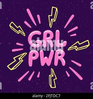 Mädchenkraftbewegung. Feministischer Slogan grl pwr auf violettem Hintergrund. Feministische Bewegung, Protestaktion, Mädchenmacht. Vektorgrafik. Stock Vektor
