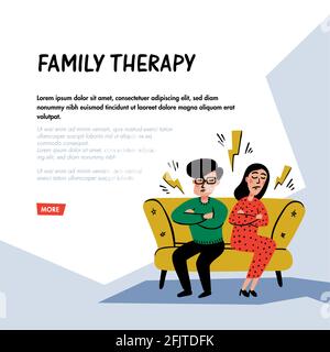 Psychologie. Familientherapie. Unglückliche Charaktere eines Familienpaares auf der Psychotherapeuten-Sitzung. Flache Vektorgrafik im Doodle-Stil. Stock Vektor