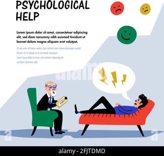 Psychologische Hilfe. Arzt und Patient, ein Mann, der auf dem Sofa liegt und mit dem Therapeuten spricht. Webbanner zum Thema Psychologie. Psychische Probleme, Störungen Stock Vektor