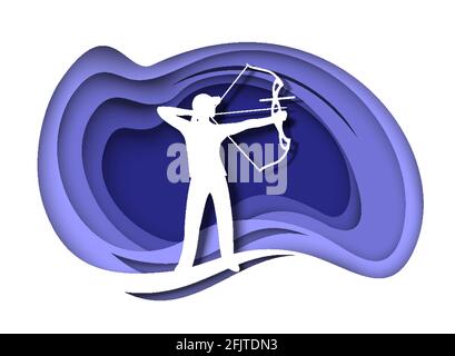 Mädchen Bogenschütze Silhouette. Athlet schießt Pfeil mit Bogen auf Ziel, Vektor-Papier geschnitten Illustration. Bogenschießen Sport. Stock Vektor
