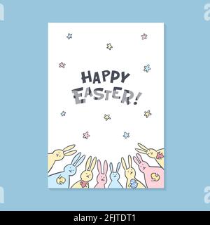 Frohe Ostern Grußkarte. Frohe osterschrift und niedliche Hasen auf weißem Hintergrund. Vektorgrafik. Stock Vektor
