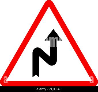 Rechtskurve rückwärts Zeichen. Roter Dreieckhintergrund. Verkehrszeichen und Symbole. Stock Vektor