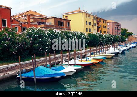 Reihe von verankerten Booten . Küstenwohngebiet in Venedig Stockfoto