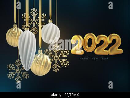 Happy New Year Hintergrund mit weihnachtlichen Kugeln aus Weiß und Gold, einer Spiralkugeln und Schneeflocken auf einem schwarzen horizontalen Hintergrund, mit der Inschrift Stock Vektor