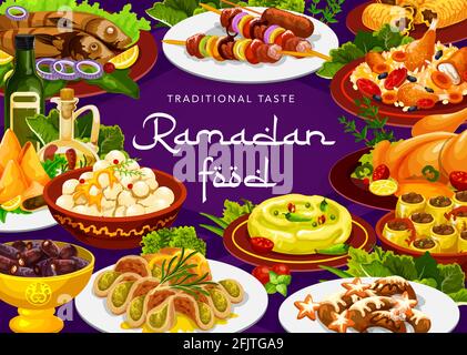 Ramadan Essen von Iftar, Eid Mubarak biryani und Islam Küche Mahlzeiten. Ramadan oder Ramazan Kareem iftar Fastennahrung süße Knödel Desserts und arabische DIS Stock Vektor