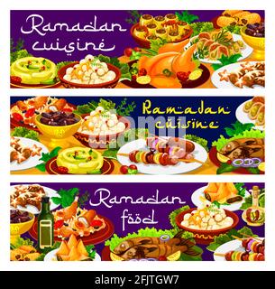 Ramadan-Essen, Iftar biryani- und Eid Mubarak-Gerichte, Gerichte der islamischen Speisekarte, Vektorbanner. Ramadan Kareem traditionelle Iftar-Speisen und religiöse Fastenkuis Stock Vektor