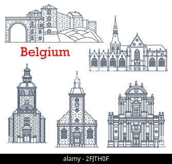 Belgien Reisen Wahrzeichen von Namur und Stavelot, Vektor-Kathedralen und Kirchen Architektur Linie Symbole. Belgien Wahrzeichen der Kirche unserer Lieben Frau in hat Stock Vektor