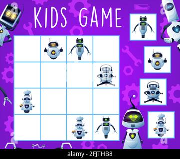 Sudoku Labyrinth Kinder Spiel mit Robotern und Droiden, tabletop Logik Puzzle, Vektor. Sudoku-Spiel für Kinder mit Cartoon futuristischen Robotern, Androiden und cos Stock Vektor