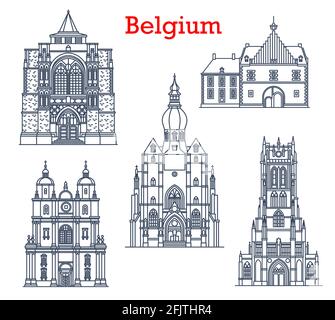 Belgische Wahrzeichen, Kathedralen in Tongeren, Dinant und Diest Stadtarchitektur. Belgien Reise Sehenswürdigkeiten, Saint-Hubert Kirche, Basilika unserer Lieben Frau, Co Stock Vektor