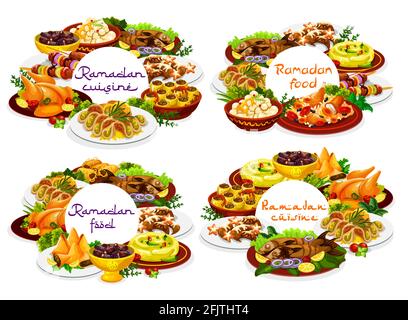 Ramadan Essen, Iftar Eid Mubarak Menü Gerichte, Vektor Islam religiöses Fasten. Ramadan Kareem Traditionelles Iftar-Speisenmenü Biryani mit Huhn und Stock Vektor