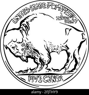 Schwarz-Weiß American Money 5 Cent Coin, Rückseite von Buffalo Nickel mit American Bison Stock Vektor