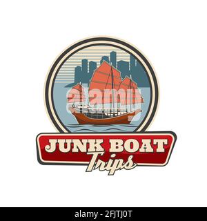 Junkboot mit rotem Segel, Hong Kong Reise-Ikone, Vektor-Segelboot im chinesischen Hafen. Retro-Emblem für Reisebüro-Service, asiatische Marine-Reise auf Vin Stock Vektor