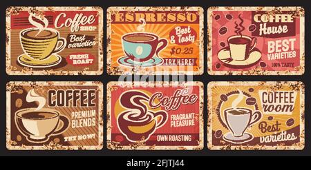 Café-Espresso, Blechschild im Kaffeesaal, heiße Getränke im Café oder Restaurant, rostiger Metallteller. Kaffeebohnen Premium mischt Grunge Teller mit Vektor Porc Stock Vektor