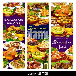 Ramadan-Essen, Iftar-Islam-Küche-Menü Mahlzeiten für Eid Mubarak, Vektor-Restaurant-Gerichte. Ramadan Kareem Traditionelles Iftar-Speisenmenü Biryani-Süsskippe Stock Vektor