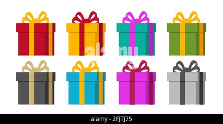 Set von Geschenkschachteln Symbole in Perspektive in einfarbigen Geschenkpapier mit Schleife, isoliert Stock Vektor