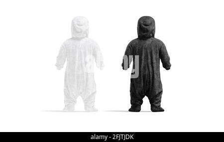 Blank schwarz-weißer Kinder Plüsch Jumpsuit mit Kapuze Mockup, 3d-Rendering. Leerer Pyjama aus Kindertuch oder Body-Suit-Modell, Rückansicht, isoliert. Klar Stockfoto
