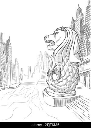 Skizze Singapur Merlion Landmark Doodle Outline Vektorzeichnung Stock Vektor
