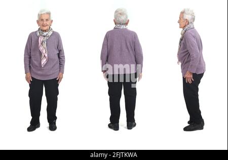 Rücken-, Seiten- und Vorderansicht einer älteren Frau Stockfoto