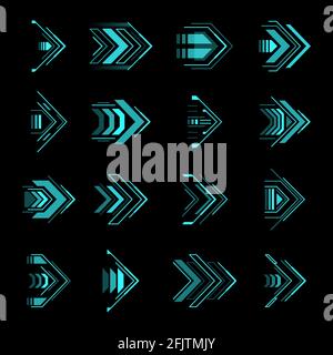 HUD-Pfeile, futuristische Navigationspunkte, Sci Fi UI-Vektorelemente. Futuristische neon leuchtende Tasten für Computerspiel oder App-Menü, modern Stock Vektor