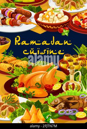 Ramadan Essen, Iftar und Eid Mubarak Islam Küche Mahlzeiten, Vector Biryani und Abendessen süßen Desserts. Ramadan Kareem iftar Fastenessen und islamische Relig Stock Vektor