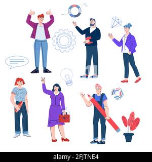 Satz von Geschäftsleuten männlichen und weiblichen Charakteren, Cartoon-Vektor-Illustration isoliert auf weiß. Buntes Paket von Geschäftsreisenden, Büroarbeiten Stock Vektor